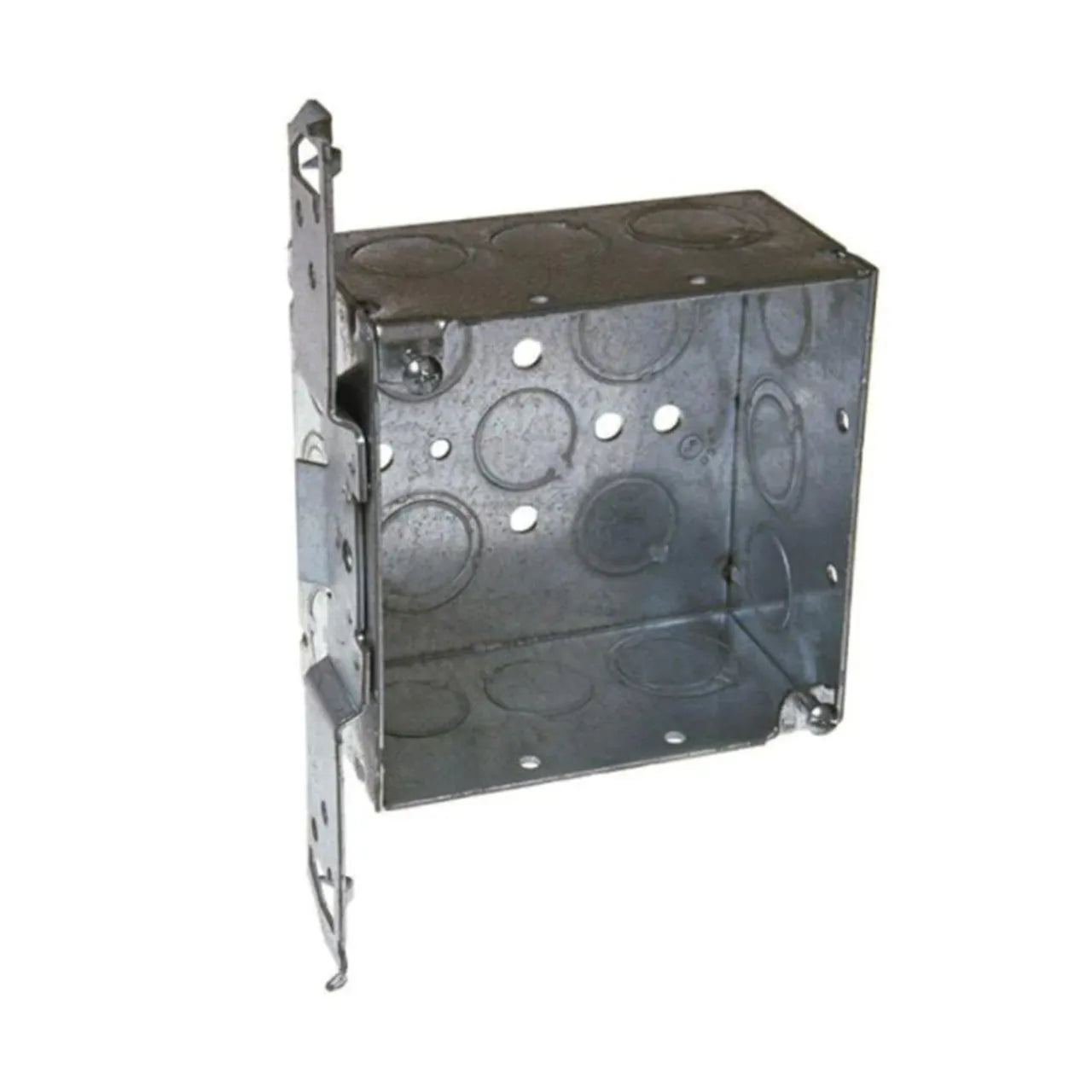 The Go Build 4 in. Square Electrical Box with Bracket features welded steel construction, multiple side and back knockouts, and a left-side mounting bracket for easy wall installation.
